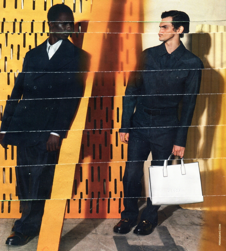 Two male model stand against a yellow background. The image has been sliced on an angle and small slices removed, this shortens the models and disturbs the smoothness of the image